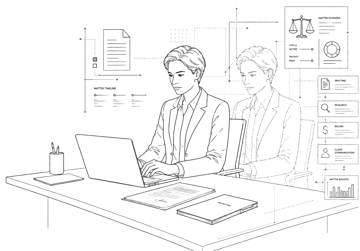 An attorney at work with their Vantree AI digital twin — showing practice management, drafting, research, billing, and client communication running in the background.